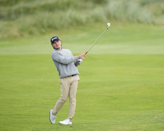 BALMEDIE, SCOTLAND - AUG 23: Maximilian Steinlechner (AUT) plays from the second fairway during Round 4 at the 2026 Nexo Championship at the Trump International Golf Links, Balmedie on August 23, 2026 in Aberdeenshire, Scotland The 2026 Nexo Championship