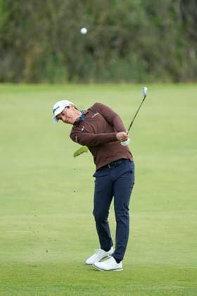 BALMEDIE, SCOTLAND - AUG 23: Matteo Manassero (ITL) plays from the second fairway during Round 4 at the 2026 Nexo Championship at the Trump International Golf Links, Balmedie on August 23, 2026 in Aberdeenshire, Scotland The 2026 Nexo Championship
