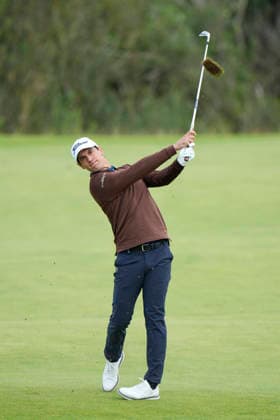 BALMEDIE, SCOTLAND - AUG 23: Matteo Manassero (ITL) plays from the second fairway during Round 4 at the 2026 Nexo Championship at the Trump International Golf Links, Balmedie on August 23, 2026 in Aberdeenshire, Scotland The 2026 Nexo Championship