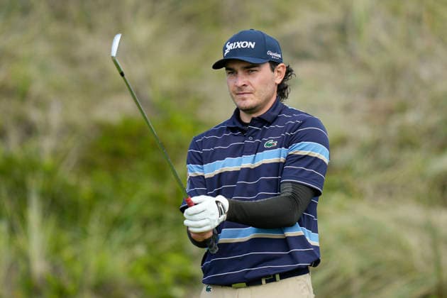 BALMEDIE, SCOTLAND - AUG 23: Maximilian Steinlechner (AUT) lines up his tee shot on the 3rd hole during Round 4 at the 2026 Nexo Championship at the Trump International Golf Links, Balmedie on August 23, 2026 in Aberdeenshire, Scotland The 2026 Nexo Championship