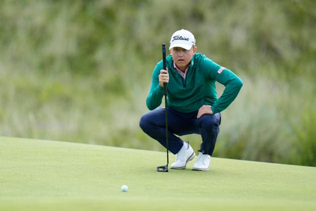 BALMEDIE, SCOTLAND - AUG 23: Albin Bergstrom (SWE) lines up a putt on the eighth green during Round 4 at the 2026 Nexo Championship at the Trump International Golf Links, Balmedie on August 23, 2026 in Aberdeenshire, Scotland The 2026 Nexo Championship