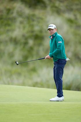 BALMEDIE, SCOTLAND - AUG 23: Albin Bergstrom (SWE) reacts after missing a putt on the eighth green during Round 4 at the 2026 Nexo Championship at the Trump International Golf Links, Balmedie on August 23, 2026 in Aberdeenshire, Scotland The 2026 Nexo Championship
