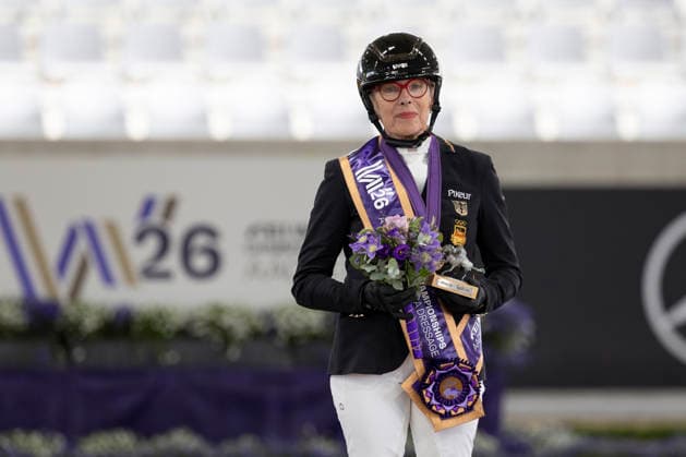 Heidemarie DRESING (GER) auf Poesie 143, gewinnt Bronze in der Para Dressur Kuer Grade II, Freude, Medaille, Einzelbild, Siegerehrung P3-II Kuer, FEI Para Dressage World Championship, WM, Weltmeisterschaft - Grade II - Para Grand Prix Freestyle Individual Final - Allianz-Preis, am 23.08.2026, FEI Reit Weltmeisterschaft Aachen 2026 vom 11. - 23.08.2026 in Aachen Deutschland; Â *** Heidemarie DRESING (GER) on Poesie 143 wins bronze in the Grade II Para Dressage Freestyle, Joy, Medal, Single Photo, Award Ceremony P3 II Freestyle, FEI Para Dressage World Championship Grade II Para Grand Prix Freestyle Individual Final Allianz Prize, on August 23, 2026, FEI World Equestrian Games Aachen 2026 from August 11–23, 2026, in Aachen, Germany Â