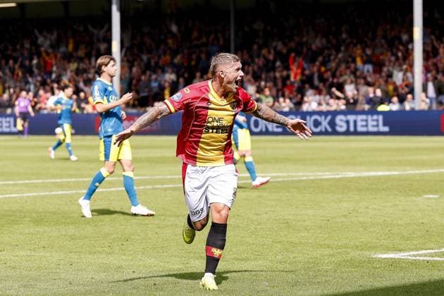 DEVENTER , 23-08-2026 , Stadium De Adelaarshorst , season 2026 2027 , Dutch Eredivisie football . match between Go Ahead Eagles and ADO Den Haag, Picture shows goal celebration GA Eagles player Victor Edvardsen 2-0 Go Ahead Eagles - ADO  x205971523x Copyright: