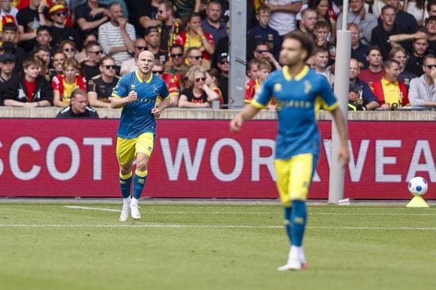 DEVENTER , 23-08-2026 , Stadium De Adelaarshorst , season 2026 2027 , Dutch Eredivisie football . match between Go Ahead Eagles and ADO Den Haag, Picture shows goal celebration ADO Den Haag player Evan Rottier 2-1 Go Ahead Eagles - ADO  x205971832x Copyright: