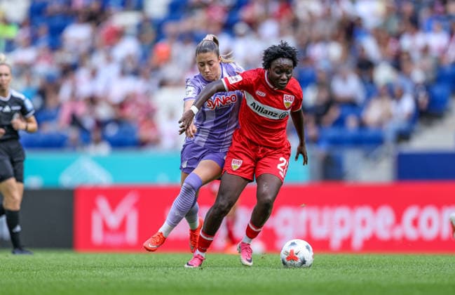 GER, Sinsheim, TSG Hoffenheim vs VfB Stuttgart, Google Pixel Frauen Bundesliga, Fussball, DFB, Spielzeit 2026 2027, 1. Spieltag im Bild v.l.: Janna Grimm (TSG Hoffenheim Frauen 26), Mira Arouna (VfB Stuttgart Frauen 21) DFB DFL REGULATIONS PROHIBIT ANY USE OF PHOTOGRAPHS AS IMAGE SEQUENCES AND OR QUASI-VIDEO, 23.08.2026 *** GER, Sinsheim, TSG Hoffenheim vs. VfB Stuttgart, Google Pixel Women s Bundesliga, Soccer, DFB, 2026–2027 Season, Matchday 1 in Pictures (from left): Janna Grimm, TSG Hoffenheim Women s Team, age 26, Mira Arouna, VfB Stuttgart Women, 21, DFB, DFL. REGULATIONS PROHIBIT ANY USE OF PHOTOGRAPHS AS IMAGE SEQUENCES AND OR QUASI-VIDEO, August 23, 2026 Copyright: HMBxMedia HendrikxHamelau