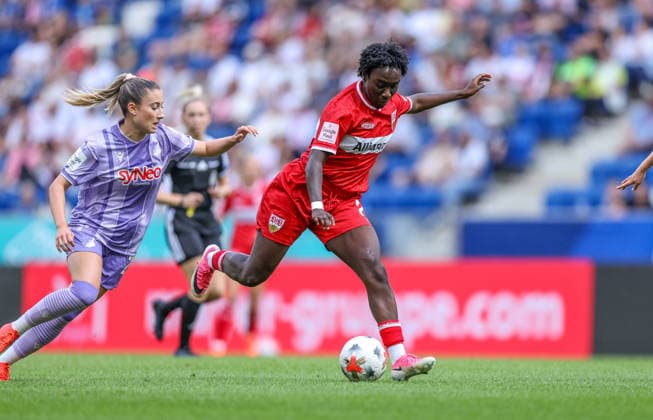 GER, Sinsheim, TSG Hoffenheim vs VfB Stuttgart, Google Pixel Frauen Bundesliga, Fussball, DFB, Spielzeit 2026 2027, 1. Spieltag im Bild: Mira Arouna (VfB Stuttgart Frauen 21), Torschuss DFB DFL REGULATIONS PROHIBIT ANY USE OF PHOTOGRAPHS AS IMAGE SEQUENCES AND OR QUASI-VIDEO, 23.08.2026 *** GER, Sinsheim, TSG Hoffenheim vs. VfB Stuttgart, Google Pixel Women s Bundesliga, Soccer, DFB, 2026–2027 Season, Matchday 1 in Pictures: Mira Arouna, VfB Stuttgart Women’s U-21, Shot on Goal. DFB and DFL regulations prohibit any use of photographs as image sequences and or quasi-video. August 23, 2026 Copyright: HMBxMedia HendrikxHamelau