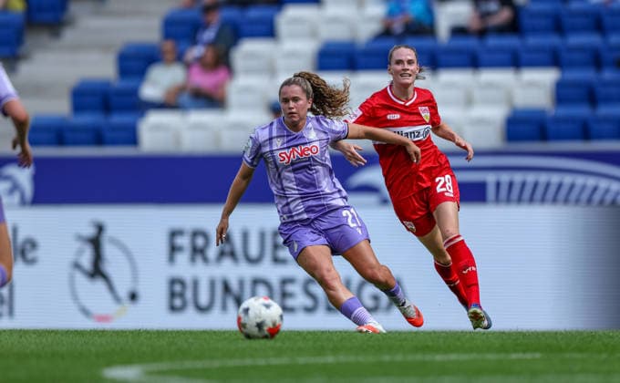 GER, Sinsheim, TSG Hoffenheim vs VfB Stuttgart, Google Pixel Frauen Bundesliga, Fussball, DFB, Spielzeit 2026 2027, 1. Spieltag im Bild v.l.: Laia Martret (TSG Hoffenheim Frauen 21), Reena Wichmann (VfB Stuttgart Frauen 28) DFB DFL REGULATIONS PROHIBIT ANY USE OF PHOTOGRAPHS AS IMAGE SEQUENCES AND OR QUASI-VIDEO, 23.08.2026 *** GER, Sinsheim, TSG Hoffenheim vs. VfB Stuttgart, Google Pixel Women s Bundesliga, Soccer, DFB, 2026–2027 Season, Matchday 1 in pictures (from left): Laia Martret, TSG Hoffenheim Women s U-21, Reena Wichmann, VfB Stuttgart Women’s Team, age 28. DFB and DFL regulations prohibit any use of photographs as image sequences and or quasi-video. August 23, 2026 Copyright: HMBxMedia HendrikxHamelau