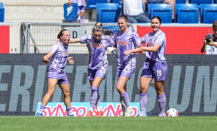 GER, Sinsheim, TSG Hoffenheim vs VfB Stuttgart, Google Pixel Frauen Bundesliga, Fussball, DFB, Spielzeit 2026 2027, 1. Spieltag im Bild: Marie Steiner (TSG Hoffenheim Frauen 9), erzielt den Treffer zum 1:0, Tor, Jubel und Freude, Emotionen DFB DFL REGULATIONS PROHIBIT ANY USE OF PHOTOGRAPHS AS IMAGE SEQUENCES AND OR QUASI-VIDEO, 23.08.2026 *** GER, Sinsheim, TSG Hoffenheim vs. VfB Stuttgart, Google Pixel Women s Bundesliga, Soccer, DFB, 2026–2027 Season, Matchday 1: Marie Steiner (TSG Hoffenheim Women s Team No. 9) scores the 1–0 goal, Goal, celebration and joy, emotions. DFB and DFL regulations prohibit any use of photographs as image sequences and or quasi-video. August 23, 2026 Copyright: HMBxMedia HendrikxHamelau