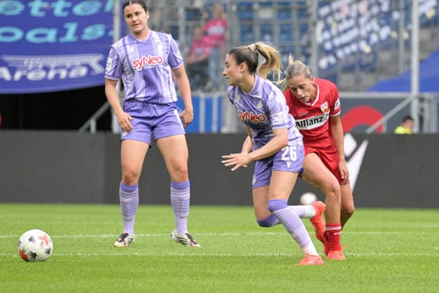 Dafina Redzepi (VfB Stuttgart 1893 Frauen, 07) im Zweikampf mit Janna Grimm (TSG 1899 Hoffenheim Frauen, 26) am mit Ball GER, TSG 1899 Hoffenheim vs. VFB Stuttgart , Google Pixel Frauen-Bundesliga, 1.Spieltag, Saison 2026 2027, 23.08.2026 DFB DFL regulations prohibit any use of photographs as image sequences and or quasi-video GER, TSG 1899 Hoffenheim vs. VFB Stuttgart , Google Pixel Frauen-Bundesliga, 1.Spieltag, Saison 2026 2027, 23.08.2026 Sinsheim *** Dafina Redzepi, VfB Stuttgart 1893 Women, No. 07, in a tackle with Janna Grimm, TSG 1899 Hoffenheim Women, No. 26, with the ball (GER), TSG 1899 Hoffenheim vs. VfB Stuttgart, Google Pixel Women s Bundesliga, Matchday 1, 2026–2027 season, August 23, 2026. DFB and DFL regulations prohibit any use of photographs as image sequences and or quasi-video. GER, TSG 1899 Hoffenheim vs. VfB Stuttgart, Google Pixel Women s Bundesliga, Matchday 1, 2026–2027 season, August 23, 2026, Sinsheim Copyright: xEibner-Pressefotox EP_TBR