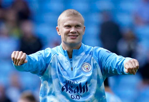 Manchester, England, 23rd August 2026. Erling Haaland of Manchester City comes out for warm up sporting a new haircut during the Manchester City vs AFC Bournemouth Premier League match at the Etihad Stadium, Manchester. Picture credit should read: Andrew Yates Sportimage EDITORIAL USE ONLY. No use with unauthorised audio, video, data, fixture lists, club league logos or live services. Online in-match use limited to 120 images, no video emulation. No use in betting, games or single club league player publications. SPI_005_AY_Man_City_Bournemouth SPI-4930-0005