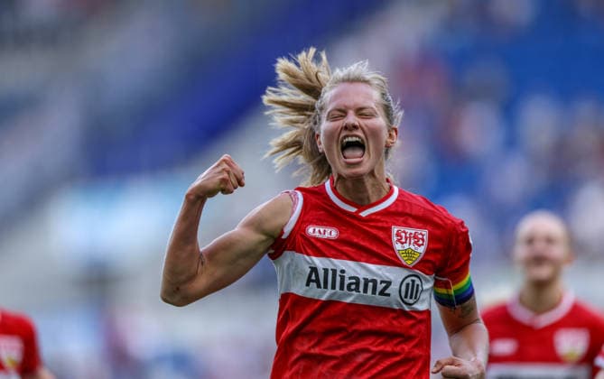 GER, Sinsheim, TSG Hoffenheim vs VfB Stuttgart, Google Pixel Frauen Bundesliga, Fussball, DFB, Spielzeit 2026 2027, 1. Spieltag im Bild: Maximiliane Rall (VfB Stuttgart Frauen 8) erzielt das Tor zum 1:1, Tor, Jubel und Freude, Emotionen DFB DFL REGULATIONS PROHIBIT ANY USE OF PHOTOGRAPHS AS IMAGE SEQUENCES AND OR QUASI-VIDEO, 23.08.2026 *** GER, Sinsheim, TSG Hoffenheim vs. VfB Stuttgart, Google Pixel Women s Bundesliga, Soccer, DFB, 2026–2027 Season, Matchday 1 in Pictures: Maximiliane Rall of VfB Stuttgart Women s Team 8 scores the goal to tie the game at 1–1, Goal, celebration and joy, emotions. DFB and DFL regulations prohibit any use of photographs as image sequences and or quasi-video. August 23, 2026 Copyright: HMBxMedia HendrikxHamelau