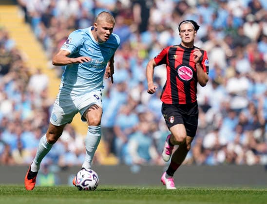 Manchester, England, 23rd August 2026. Erling Haaland of Manchester City in action during the Manchester City vs AFC Bournemouth Premier League match at the Etihad Stadium, Manchester. Picture credit should read: Andrew Yates Sportimage EDITORIAL USE ONLY. No use with unauthorised audio, video, data, fixture lists, club league logos or live services. Online in-match use limited to 120 images, no video emulation. No use in betting, games or single club league player publications. SPI_027_AY_Man_City_Bournemouth SPI-4930-0025