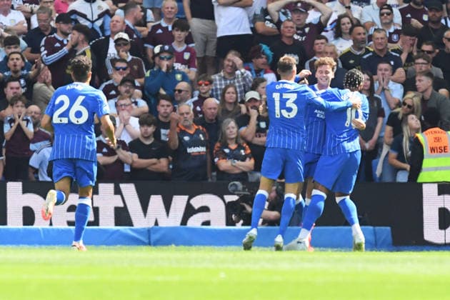 Brighton and Hove Albion v Aston Villa, Premier League GOAL CELEBRATION 1-0 scored by Maxim De Cuyper Defender of Brighton and Hove Albion during during the Premier League match between Brighton and Hove Albion and Aston Villa at the American Express Stadium, Brighton and Hove, UK on 23 August 2026. Brighton and Hove American Express Stadium East Sussex UK Editorial use only DataCo restrictions apply See www.football-dataco.com , Copyright: xJeffxMoodx PSI-24737-0026