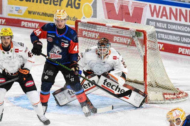 Nuernberg Ice Tigers vs. Loewen Frankfurt, Eishockey, Deutsche Eishockey Liga, Penny DEL, Vorbereitungsspiel, Gaeuboden Cup, Saison 2026 2027 am 23.08.2026 Josef Eham (Nuernberg Ice Tigers), vor Cody Brenner (Loewen Frankfurt), Eishockey Herren, Deutsche Eishockey Liga, Penny DEL, Vorbereitungsspiel, Gaeuboden Cup, Saison 2026 2027 am 23.08.2026 im Eisstadion am Pulverturm, Nuernberg Ice Tigers (blau) gegen Loewen Frankfurt (weiss) *** Nuremberg Ice Tigers vs. Löwen Frankfurt, Ice Hockey, German Ice Hockey League, Penny DEL, Preseason Game, Gaeuboden Cup, 2026–2027 season on August 23, 2026: Josef Eham (Nuremberg Ice Tigers) vs. Cody Brenner (Loewen Frankfurt), men’s ice hockey, German Ice Hockey League, Penny DEL, Preseason Game, Gaeuboden Cup, 2026–2027 Season on August 23, 2026, at the Eisstadion am Pulverturm, Nuremberg Ice Tigers (blue) vs. Loewen Frankfurt (white)