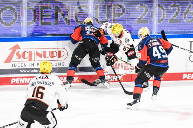 Nuernberg Ice Tigers vs. Loewen Frankfurt, Eishockey, Deutsche Eishockey Liga, Penny DEL, Vorbereitungsspiel, Gaeuboden Cup, Saison 2026 2027 am 23.08.2026 Maximilian Merkl (Nuernberg Ice Tigers), im Duell mit Matthwe Wedman (Loewen Frankfurt), Eishockey Herren, Deutsche Eishockey Liga, Penny DEL, Vorbereitungsspiel, Gaeuboden Cup, Saison 2026 2027 am 23.08.2026 im Eisstadion am Pulverturm, Nuernberg Ice Tigers (blau) gegen Loewen Frankfurt (weiss) *** Nuremberg Ice Tigers vs. Loewen Frankfurt, Ice Hockey, German Ice Hockey League, Penny DEL, Preseason Game, Gaeuboden Cup, 2026–2027 season on August 23, 2026: Maximilian Merkl of the Nuremberg Ice Tigers faces off against Matthwe Wedman of the Loewen Frankfurt, Men’s Ice Hockey, German Ice Hockey League, Penny DEL, preseason game, Gaeuboden Cup, 2026–2027 season on August 23, 2026, at the Eisstadion am Pulverturm, Nuremberg Ice Tigers (blue) vs. Loewen Frankfurt (white)