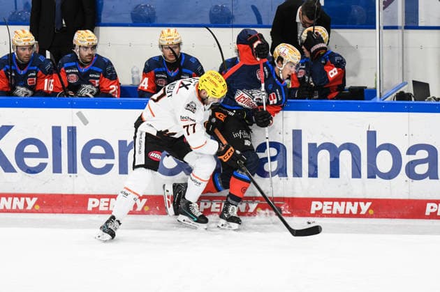 Nuernberg Ice Tigers vs. Loewen Frankfurt, Eishockey, Deutsche Eishockey Liga, Penny DEL, Vorbereitungsspiel, Gaeuboden Cup, Saison 2026 2027 am 23.08.2026 Jakob Weber (Nuernberg Ice Tigers), an der Bande mit Daniel Pfaffengut (Loewen Frankfurt), Eishockey Herren, Deutsche Eishockey Liga, Penny DEL, Vorbereitungsspiel, Gaeuboden Cup, Saison 2026 2027 am 23.08.2026 im Eisstadion am Pulverturm, Nuernberg Ice Tigers (blau) gegen Loewen Frankfurt (weiss) *** Nuremberg Ice Tigers vs. Löwen Frankfurt, Ice Hockey, German Ice Hockey League, Penny DEL, Preseason Game, Gaeuboden Cup, 2026–2027 season on August 23, 2026: Jakob Weber of the Nuremberg Ice Tigers at the boards with Daniel Pfaffengut of the Loewen Frankfurt, Men’s Ice Hockey, German Ice Hockey League, Penny DEL, preseason game, Gaeuboden Cup, 2026–2027 season on August 23, 2026, at the Eisstadion am Pulverturm; Nuremberg Ice Tigers (blue) vs. Loewen Frankfurt (white)