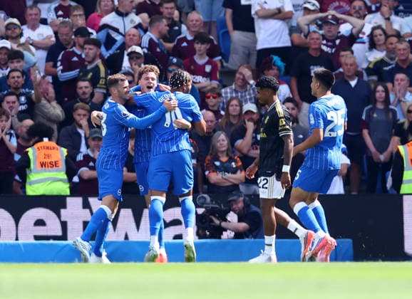 Brighton and Hove, England, 23rd August 2026. Brighton celebrate the first goal an own goal by Victor Lindelof of Aston Villa during the Brighton and Hove Albion vs Aston Villa Premier League match at the AMEX Stadium, Brighton and Hove. Picture credit should read: Paul Terry Sportimage EDITORIAL USE ONLY. No use with unauthorised audio, video, data, fixture lists, club league logos or live services. Online in-match use limited to 120 images, no video emulation. No use in betting, games or single club league player publications. SPI_004_PT_Brighton_Villa SPI-4931-0007