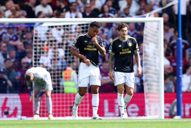 Brighton and Hove, England, 23rd August 2026. Boubacar Kamara of Aston Villa and Victor Lindelof of Aston Villa dejected during the Brighton and Hove Albion vs Aston Villa Premier League match at the AMEX Stadium, Brighton and Hove. Picture credit should read: Paul Terry Sportimage EDITORIAL USE ONLY. No use with unauthorised audio, video, data, fixture lists, club league logos or live services. Online in-match use limited to 120 images, no video emulation. No use in betting, games or single club league player publications. SPI_007_PT_Brighton_Villa SPI-4931-0008