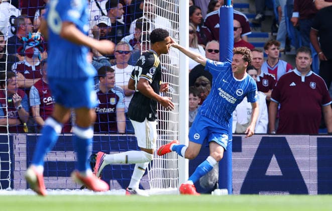 Brighton and Hove, England, 23rd August 2026. Yasin Ayari of Brighton turns to celebrate scoring their second goal during the Brighton and Hove Albion vs Aston Villa Premier League match at the AMEX Stadium, Brighton and Hove. Picture credit should read: Paul Terry Sportimage EDITORIAL USE ONLY. No use with unauthorised audio, video, data, fixture lists, club league logos or live services. Online in-match use limited to 120 images, no video emulation. No use in betting, games or single club league player publications. SPI_006_PT_Brighton_Villa SPI-4931-0009