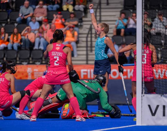 Day Nine Alice Atkinson of England celebrates the first England goal against Japan during the Pool G match in the 2026 FIH Hockey World Cup at Wagener Stadium, Amstelveen 23 08 2026 UK Newspapers OUT Copyright: xGraemexWilcocksonx FIL-23821-0020
