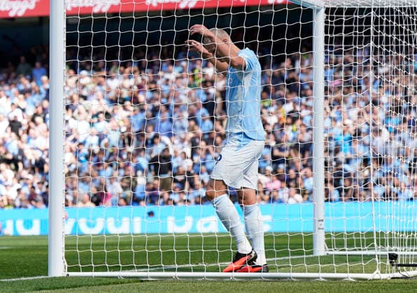 Manchester, England, 23rd August 2026. Erling Haaland of Manchester City reacts to a missed chance during the Manchester City vs AFC Bournemouth Premier League match at the Etihad Stadium, Manchester. Picture credit should read: Andrew Yates Sportimage EDITORIAL USE ONLY. No use with unauthorised audio, video, data, fixture lists, club league logos or live services. Online in-match use limited to 120 images, no video emulation. No use in betting, games or single club league player publications. SPI_030_AY_Man_City_Bournemouth SPI-4930-0029