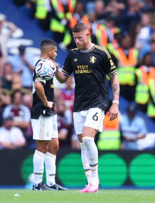Brighton and Hove, England, 23rd August 2026. Dejected Ross Barkley of Aston Villa during the Brighton and Hove Albion vs Aston Villa Premier League match at the AMEX Stadium, Brighton and Hove. Picture credit should read: Paul Terry Sportimage EDITORIAL USE ONLY. No use with unauthorised audio, video, data, fixture lists, club league logos or live services. Online in-match use limited to 120 images, no video emulation. No use in betting, games or single club league player publications. SPI_010_PT_Brighton_Villa SPI-4931-0014