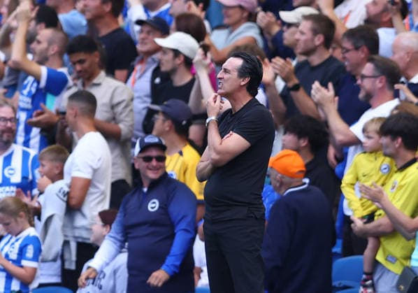 Brighton and Hove, England, 23rd August 2026. Unai Emery head coach of Aston Villa looks on as they go down 4-0 in the first half during the Brighton and Hove Albion vs Aston Villa Premier League match at the AMEX Stadium, Brighton and Hove. Picture credit should read: Paul Terry Sportimage EDITORIAL USE ONLY. No use with unauthorised audio, video, data, fixture lists, club league logos or live services. Online in-match use limited to 120 images, no video emulation. No use in betting, games or single club league player publications. SPI_011_PT_Brighton_Villa SPI-4931-0015