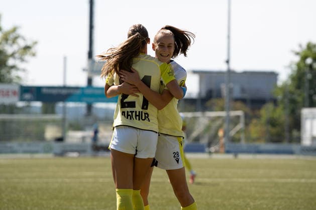 DÜDINGEN, FRIBOURG - AUGUST 23: Alisa Renee Arthur and Elea Hagmann of FC Basel 1893 celebrate after Arthur scored her team’s opening goal during the AXA Women’s Swiss Cup match between SC Düdingen and FC Basel 1893 at FKB Stadion Birchhölzli on August 23, 2026 in Düdingen, Fribourg, Switzerland.  Copyright: xLivioxBaeriswylx xSPPx Sportspressphoto_SPR213555
