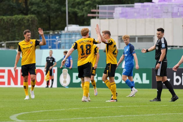 23.08.2026, xgrfx, Fussball DFB Pokal 1.Runde, SV Westfalia Rhynern - Dynamo Dresden v.l. Tor, Niklas Hauptmann zum 0:2 (Dynamo Dresden) (DFL DFB REGULATIONS PROHIBIT ANY USE OF PHOTOGRAPHS as IMAGE SEQUENCES and or QUASI-VIDEO) Münster *** August 23, 2026, xgrfx, Soccer, DFB Cup 1st Round, SV Westfalia Rhynern vs. Dynamo Dresden, goal, Niklas Hauptmann scores the 0–2 goal for Dynamo Dresden. DFL and DFB regulations prohibit any use of photographs as image sequences and or quasi-video. Münster