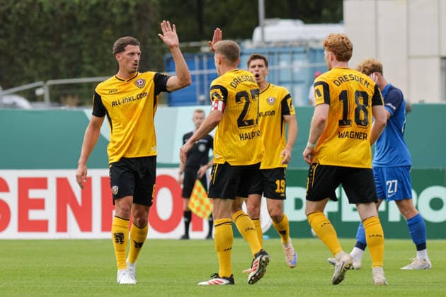 23.08.2026, xgrfx, Fussball DFB Pokal 1.Runde, SV Westfalia Rhynern - Dynamo Dresden v.l. Tor, Niklas Hauptmann zum 0:2 (Dynamo Dresden) (DFL DFB REGULATIONS PROHIBIT ANY USE OF PHOTOGRAPHS as IMAGE SEQUENCES and or QUASI-VIDEO) Münster *** August 23, 2026, xgrfx, Soccer, DFB Cup 1st Round, SV Westfalia Rhynern vs. Dynamo Dresden, goal, Niklas Hauptmann scores the 0–2 goal for Dynamo Dresden. DFL and DFB regulations prohibit any use of photographs as image sequences and or quasi-video. Münster