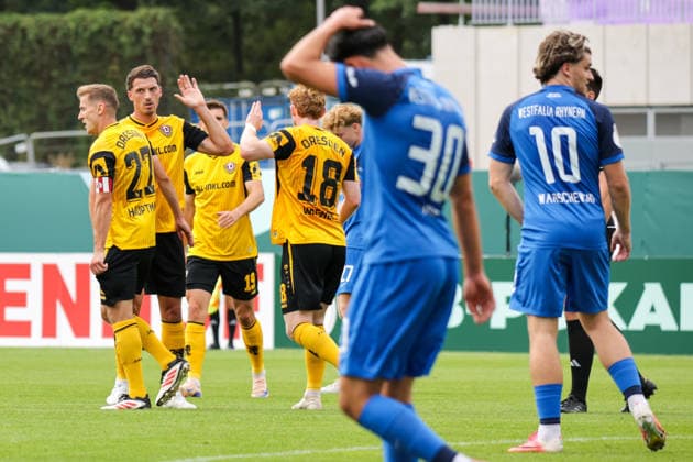 23.08.2026, xgrfx, Fussball DFB Pokal 1.Runde, SV Westfalia Rhynern - Dynamo Dresden v.l. Tor, Niklas Hauptmann zum 0:2 (Dynamo Dresden) (DFL DFB REGULATIONS PROHIBIT ANY USE OF PHOTOGRAPHS as IMAGE SEQUENCES and or QUASI-VIDEO) Münster *** August 23, 2026, xgrfx, Soccer, DFB Cup 1st Round, SV Westfalia Rhynern vs. Dynamo Dresden, goal, Niklas Hauptmann scores the 0–2 goal for Dynamo Dresden. DFL and DFB regulations prohibit any use of photographs as image sequences and or quasi-video. Münster