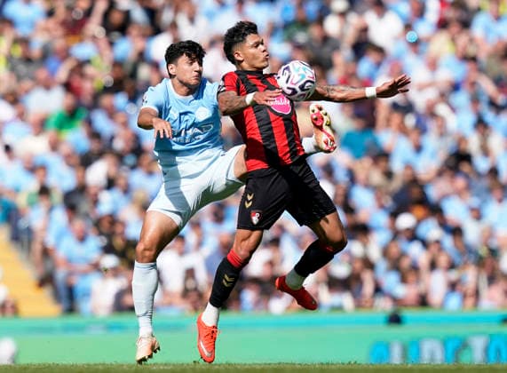 Manchester, England, 23rd August 2026. Abdukodir Khusanov of Manchester City (l) tussles with Evanilson of Bournemouth (r) during the Manchester City vs AFC Bournemouth Premier League match at the Etihad Stadium, Manchester. Picture credit should read: Andrew Yates Sportimage EDITORIAL USE ONLY. No use with unauthorised audio, video, data, fixture lists, club league logos or live services. Online in-match use limited to 120 images, no video emulation. No use in betting, games or single club league player publications. SPI_028_AY_Man_City_Bournemouth SPI-4930-0044