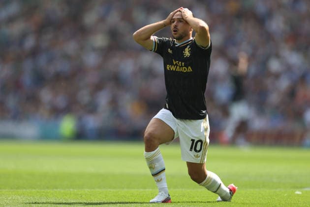 Brighton & Hove Albion v Aston Villa 23 August 2026 Brighton, Premier League Football - Brighton & Hove Albion v Aston Villa - Emi Buendia of Aston Villa reacts to a missed chance - (Photo by Mark Leech). Brighton UK *** Brighton Hove Albion gegen Aston Villa, 23. August 2026, Brighton, Premier League, Fußball: Brighton Hove Albion gegen Aston Villa – Emi Buendia von Aston Villa reagiert auf eine verpasste Chance. Foto: Mark Leech, Brighton, Großbritannien  Copyright: xMarkxLeechxOffside
