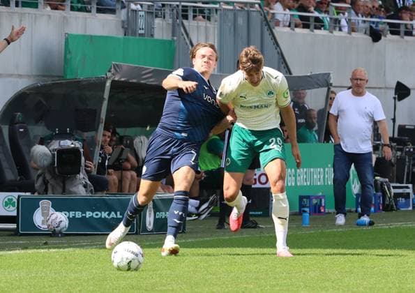 23.08.2026 - Fussball - Saison 2026 2027 - DFB Pokal Vereinspokal - 01. Runde: SpVgg Greuther Fürth ( Kleeblatt ) - VfL Bochum - Sportfoto Zink DoGei - xdoxgex - regulations prohibit any use of photographs as image sequences and or quasi-video - Christian Rasmussen (7, VfL Bochum ) Krisztian Keresztes (29, SpVgg Greuther Fürth ) *** August 23, 2026 Soccer Season 2026–2027 DFB Cup Club Cup First Round SpVgg Greuther Fürth Kleeblatt vs. VfL Bochum Sports photo by Zink DoGei xdoxgex; regulations prohibit any use of photographs as image sequences and or quasi-video Christian Rasmussen 7, VfL Bochum; Krisztian Keresztes 29, SpVgg Greuther Fürth