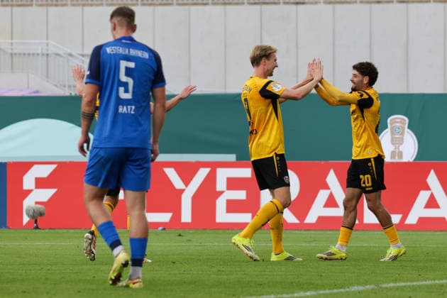 23.08.2026, xgrfx, Fussball DFB Pokal 1.Runde, SV Westfalia Rhynern - Dynamo Dresden v.l. Tor, Vincent Vermeij zum 0:3 (Dynamo Dresden) (DFL DFB REGULATIONS PROHIBIT ANY USE OF PHOTOGRAPHS as IMAGE SEQUENCES and or QUASI-VIDEO) Münster *** August 23, 2026, xgrfx, Soccer, DFB Cup 1st Round, SV Westfalia Rhynern vs. Dynamo Dresden, goal, Vincent Vermeij on the 0–3 Dynamo Dresden DFL DFB REGULATIONS PROHIBIT ANY USE OF PHOTOGRAPHS AS IMAGE SEQUENCES AND OR QUASI-VIDEO Münster
