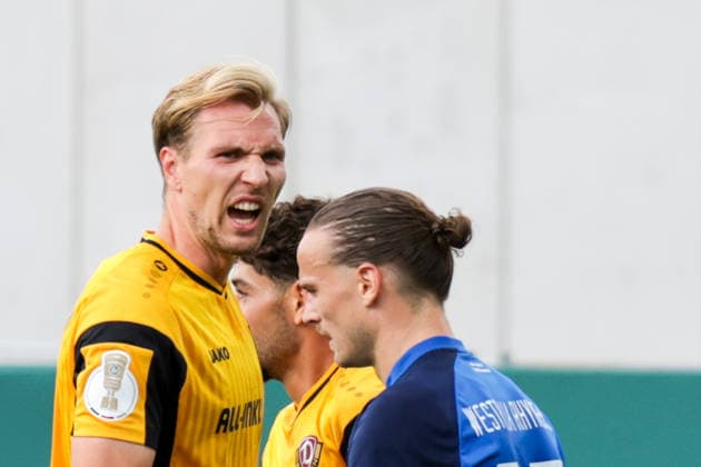 23.08.2026, xgrfx, Fussball DFB Pokal 1.Runde, SV Westfalia Rhynern - Dynamo Dresden v.l. Tor, Vincent Vermeij zum 0:3 (Dynamo Dresden) (DFL DFB REGULATIONS PROHIBIT ANY USE OF PHOTOGRAPHS as IMAGE SEQUENCES and or QUASI-VIDEO) Münster *** August 23, 2026, xgrfx, Soccer, DFB Cup 1st Round, SV Westfalia Rhynern vs. Dynamo Dresden, goal, Vincent Vermeij on the 0–3 Dynamo Dresden DFL DFB REGULATIONS PROHIBIT ANY USE OF PHOTOGRAPHS AS IMAGE SEQUENCES AND OR QUASI-VIDEO Münster