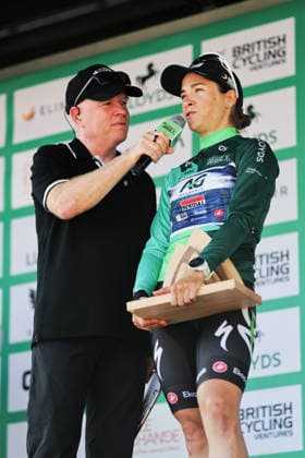 2026 Lloyds Tour of Britain Women Picture by Alex Whitehead SWpix.com - 23 08 2026 - Cycling - UCI Women s World Tour - 2026 Lloyds Tour of Britain Women - Stage 5: Royal Leamington Spa to Royal Leamington Spa (123.8km) - Winner of the General Classification, Kim Le Court-Pienaar (AG Insurance - Soudal Team) is interviewed on stage Copyright: x xSWpix.comx(t axPhotographyxHubxLtd)xAlexxWhitehead SWpix.comx SWP-3030-19231