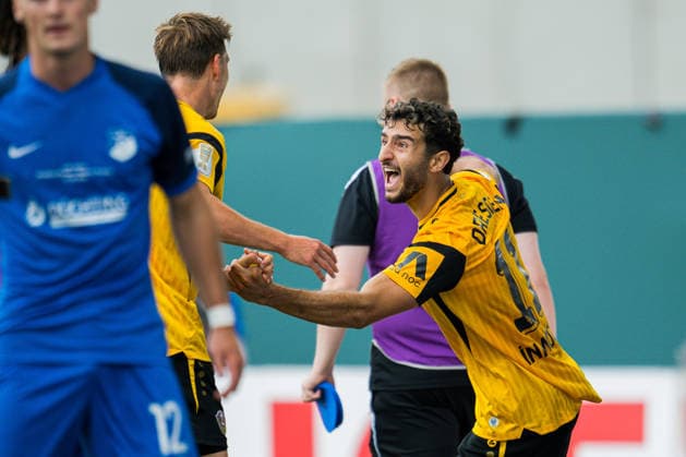 23.08.2026 - Fußball, 2026 2027, DFB-Pokal, 1. Hauptrunde, SV Westfalia Rhynern - SG Dynamo Dresden: (R) Kaan Inanoglu (Dresden) jubelt nach seinem Tor zum 0:5 mit (L) Alexander Rossipal (Dresden) DFB REGULATIONS PROHIBIT ANY USE OF PHOTOGRAPHS AS IMAGE SEQUENCES AND OR QUASI-VIDEO. *** August 23, 2026 Soccer, 2026–2027, DFB Cup, 1st Round, SV Westfalia Rhynern vs. SG Dynamo Dresden, R Kaan Inanoglu, Dresden celebrates after scoring the 0–5 goal with L Alexander Rossipal, Dresden. DFB regulations prohibit any use of photographs as image sequences and or quasi-video.