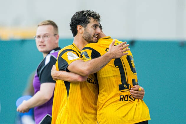 23.08.2026 - Fußball, 2026 2027, DFB-Pokal, 1. Hauptrunde, SV Westfalia Rhynern - SG Dynamo Dresden: (L-R) Kaan Inanoglu (Dresden) jubelt nach seinem Tor zum 0:5 mit Alexander Rossipal (Dresden) DFB REGULATIONS PROHIBIT ANY USE OF PHOTOGRAPHS AS IMAGE SEQUENCES AND OR QUASI-VIDEO. *** August 23, 2026 Soccer, 2026–2027, DFB Cup, 1st Round, SV Westfalia Rhynern vs. SG Dynamo Dresden, Referee: Kaan Inanoglu. Dresden celebrates after scoring the 0–5 goal with Alexander Rossipal. Dresden. DFB regulations prohibit any use of photographs as image sequences and or quasi-video.