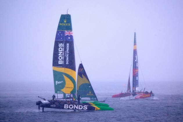 GER, Sail GP, Rockwool Germany Sail Grand Prix, Sassnitz, 22.-23.08.2026, Deutschland, Samstag, 23.08.2026, Renntag 2, BONDS FLYING ROOS - Sail GP Team - Australia; Driver - Tom Slingsby, LOS GALLOS - Sail GP Team - Spain; Driver - Diego Botin, im finalen Rennen, GER, Sail GP, Rockwool Germany Sail Grand Prix, Sassnitz, 22.-23.08.2026, Deutschland, Samstag, 23.08.2026, Renntag 2, *** GER, Sail GP, Rockwool Germany Sail Grand Prix, Sassnitz, August 22–23, 2026, Germany, Saturday, August 23, 2026, Race Day 2, BONDS FLYING ROOS Sail GP Team Australia driver Tom Slingsby, LOS GALLOS Sail GP Team Spain driver Diego Botín, in the final race, GER, Sail GP, Rockwool Germany Sail Grand Prix, Sassnitz, August 22–23, 2026, Germany, Saturday, August 23, 2026, Race Day 2, Copyright: xClaudiusxRauchx