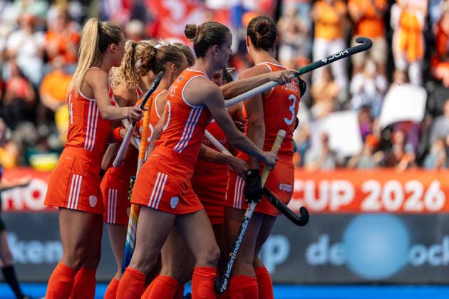 FIH Hockey World Cup: Netherlands Women v China AMSTELVEEN, NL - AUGUST 23: Team Netherlands celebrates after scoring during the FIH Hockey World Cup match between Netherlands Women and China at Wagener Stadion on August 23, 2026 in Amstelveen, Netherlands. Amstelveen Wagener Stadion Netherlands Content not available for redistribution in The Netherlands directly or indirectly through any third parties. Copyright: xMarcelxvanxPlateringenx