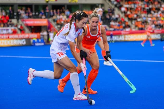 AMSTELVEEN, 23-08-2026, Wagener Stadion, FIH Hockey World Cup 2026 Women, 2026. Meirong Zou and Pien Sanders during the game Netherlands - China (women). Netherlands - China (women)  x205977116x Copyright: