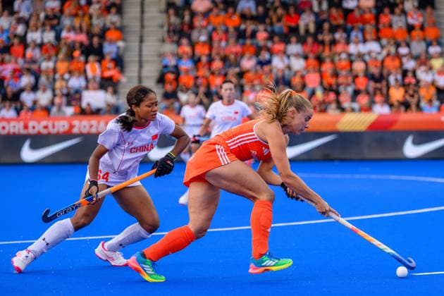 AMSTELVEEN, 23-08-2026, Wagener Stadion, FIH Hockey World Cup 2026 Women, 2026. Yaxi Luo and Joosje Burg during the game Netherlands - China (women). Netherlands - China (women)  x205977132x Copyright: