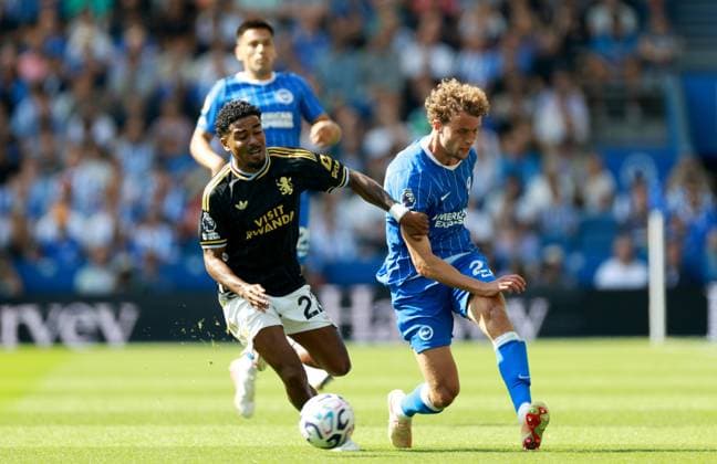Ian Maatsen of Aston Villa and Mats Wieffer of Brighton and Hove Albion. Brighton and Hove Albion v Aston Villa, Premier League Football, Football, American Express Community Stadium, Brighton, UK - 23 Aug 2026Brighton American Express Community Stadi United Kingdom EDITORIAL USE ONLY No use with unauthorised audio, video, data, fixture lists, club league logos or live services. Online in-match use limited to 120 images, no video emulation. No use in betting, games or single club league player publications.  Copyright: xJamesxMarsh Shutterstockx 17112311br
