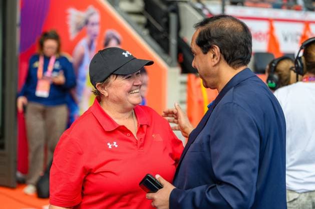 AMSTELVEEN, 23-08-2026, Wagener Stadion, FIH Hockey World Cup 2026 Women, 2026. Alyson Annan and Tayyab Ikram before the game Netherlands - China (women). Netherlands - China (women)  x205977387x Copyright: