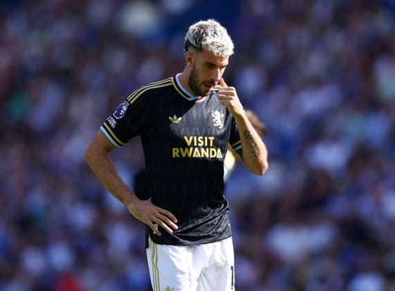 Brighton and Hove, England, 23rd August 2026. Matteo Ruggeri of Aston Villa dejected during the Brighton and Hove Albion vs Aston Villa Premier League match at the AMEX Stadium, Brighton and Hove. Picture credit should read: Paul Terry Sportimage EDITORIAL USE ONLY. No use with unauthorised audio, video, data, fixture lists, club league logos or live services. Online in-match use limited to 120 images, no video emulation. No use in betting, games or single club league player publications. SPI_021_PT_Brighton_Villa SPI-4931-0026