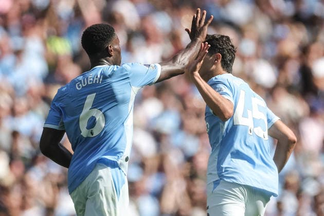 Premier League: Manchester City v Bournemouth Marc Guehi of Manchester City celebrates his goal to make it 1-1 during the Premier League match Manchester City vs Bournemouth at Etihad Stadium, Manchester, United Kingdom on 23 August 2026 (Photo by Mark Cosgrove News Images) Manchester Etihad Stadium Greater Manchester United, ManU Kingdom Copyright: xMarkxCosgrove NewsxImagesx