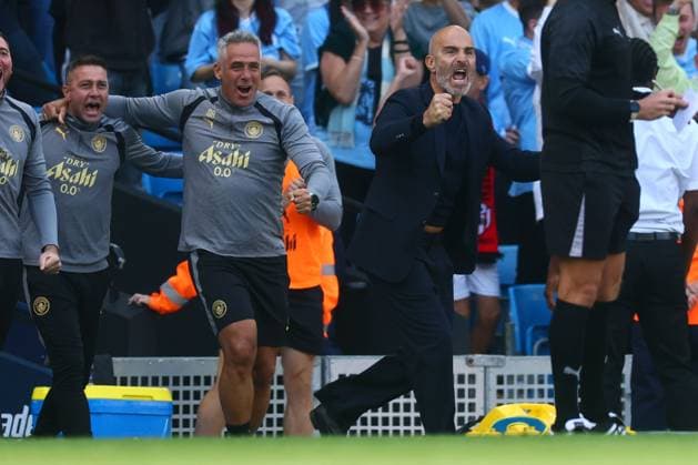 Manchester City manager Enzo Maresca celebrates the 2nd goal scored by Josko Gvardioli to make it 2-1 Manchester City v AFC Bournemouth, Premier League Football, Football, Etihad Stadium, Manchester, UK - 23 Aug 2026Manchester Etihad Stadium United Kingdom EDITORIAL USE ONLY No use with unauthorised audio, video, data, fixture lists, club league logos or live services. Online in-match use limited to 120 images, no video emulation. No use in betting, games or single club league player publications.  Copyright: xPaulxCurrie Shutterstockx 17112312cr