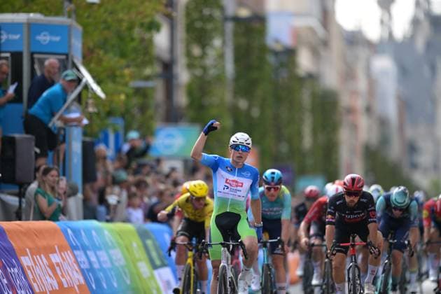 Belgian Jasper Philipsen pictured as he crosses the finish line of the fifth and last stage of the Renewi Tour multi-stage cycling race, from and to Leuven (183,7 km) on Sunday 23 August 2026. The five-day race takes place from 19 to 23 08. DAVIDxPINTENS  x0864635627stx